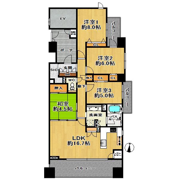 Floor plan. 4LDK, Price 44,500,000 yen, Occupied area 93.81 sq m , Balcony area 17.78 sq m