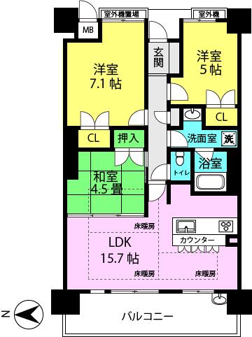 Floor plan. 3LDK, Price 32,800,000 yen, Occupied area 70.88 sq m , Balcony area 11.52 sq m
