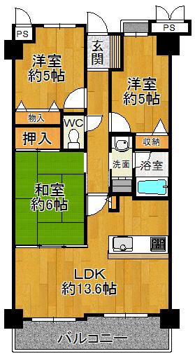 Floor plan. 3LDK, Price 18,800,000 yen, Occupied area 64.48 sq m , Balcony area 8.12 sq m