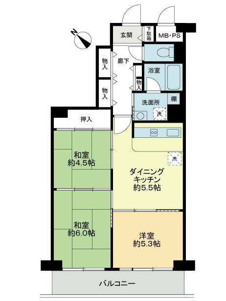 Floor plan. 3DK, Price 7.4 million yen, Occupied area 57.95 sq m , Balcony area 7.2 sq m