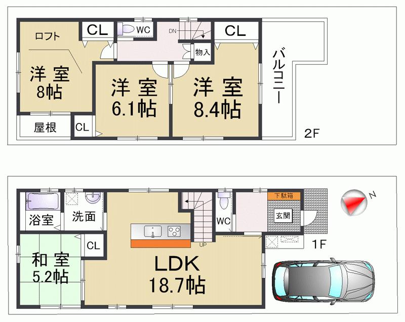 Floor plan. 34,800,000 yen, 4LDK, Land area 93.25 sq m , For building area 100.44 sq m east side of the private car park at the back of the house, This is the condition, such as the northeast corner lot