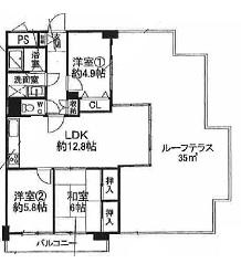 Floor plan. 3LDK, Price 14.9 million yen, Occupied area 64.88 sq m , Balcony area 8.7 sq m over the entire surface renovation completed! Spacious roof terrace is 35 sq m.