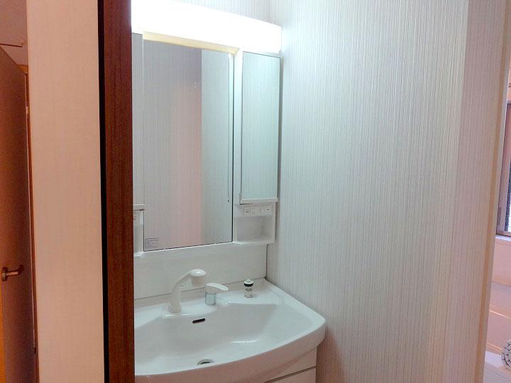 Wash basin, toilet. Toothbrush in the back of the three-sided mirror, There is space for toiletries can be stored. 