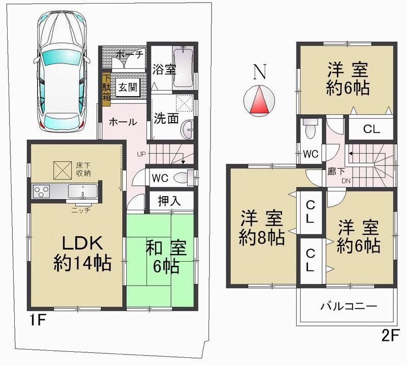 Floor plan. Adopt the popular face-to-face kitchen LDK is about 14 Pledge We prepared between 8 pledge as a master bedroom on the second floor Storage width of all the room is spacious