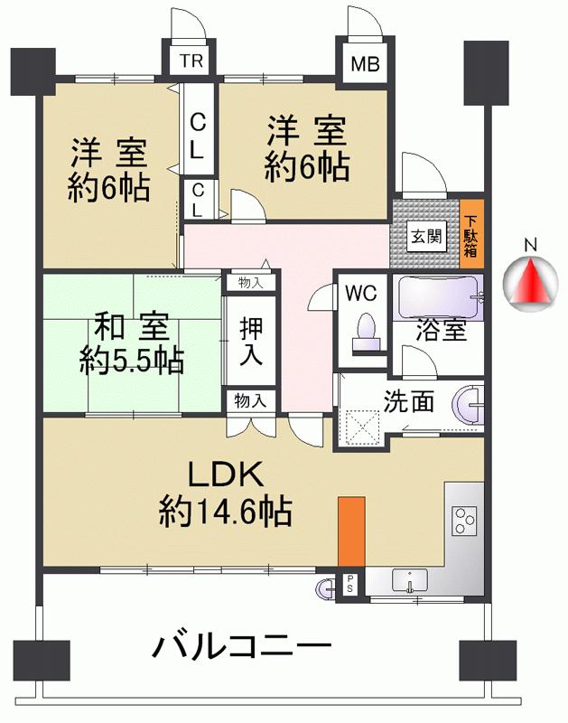Floor plan. 3LDK, Price 25,800,000 yen, Occupied area 72.35 sq m , Balcony area 18.81 sq m large terrace is the charm of the room