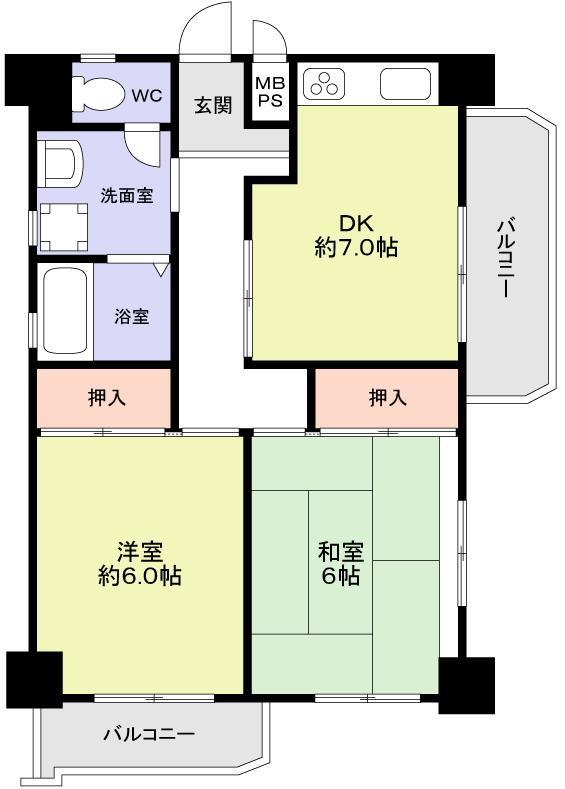 Floor plan. 2DK, Price 9.3 million yen, Occupied area 51.62 sq m , Balcony area 8.94 sq m