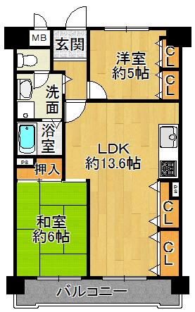 Floor plan. 2LDK, Price 14.5 million yen, Footprint 57 sq m , Balcony area 8.69 sq m