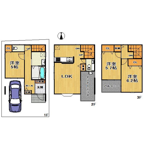 Floor plan. 22,800,000 yen, 3LDK, Land area 58.04 sq m , Second floor of the inner terrace in the property there is a lighting of all Shitsuminami orientation is characterized by the building area 93.48 sq m 3LDK! 