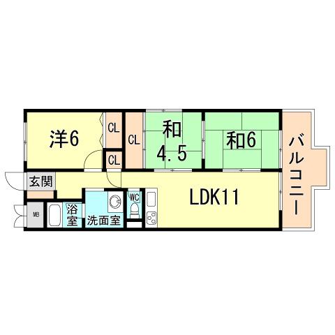 Floor plan. 3LDK, Price 9.5 million yen, Occupied area 65.43 sq m , Balcony area 7.87 sq m