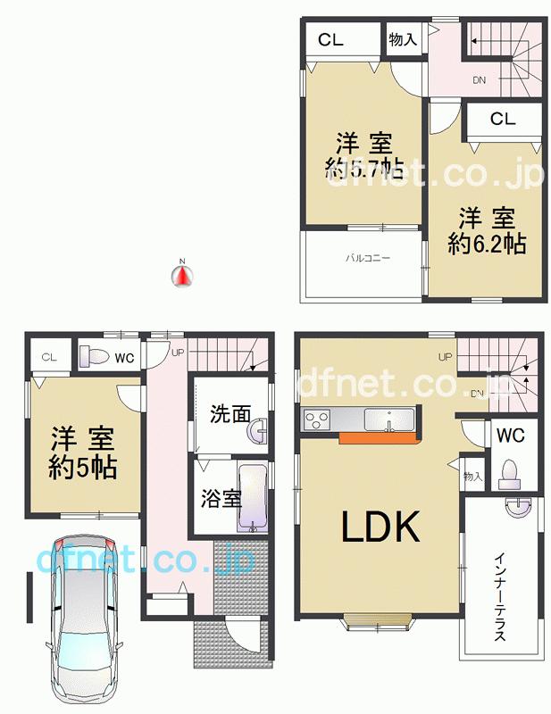 Floor plan. 22,800,000 yen, 3LDK, Land area 58.04 sq m , Building area 93.48 sq m Hanshin Amagasaki Station, a 10-minute walk! It is 2WAY possible properties of the Deyashiki Station! Parking is available some roof. 