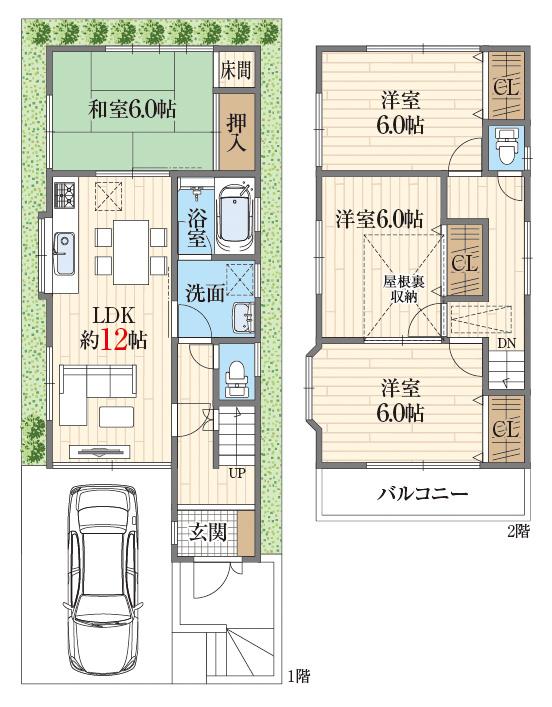 Floor plan. 30,800,000 yen, 4LDK, Land area 80.1 sq m , Building area 90.53 sq m All rooms 6 quires more There is a high less efficiency corridor, Storage is abundant house. There is a large storage space at the bottom of the living room. Attic housed there.