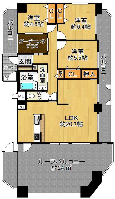 Floor plan. 3LDK, Price 16.8 million yen, Occupied area 85.67 sq m , Balcony area 24.6 sq m