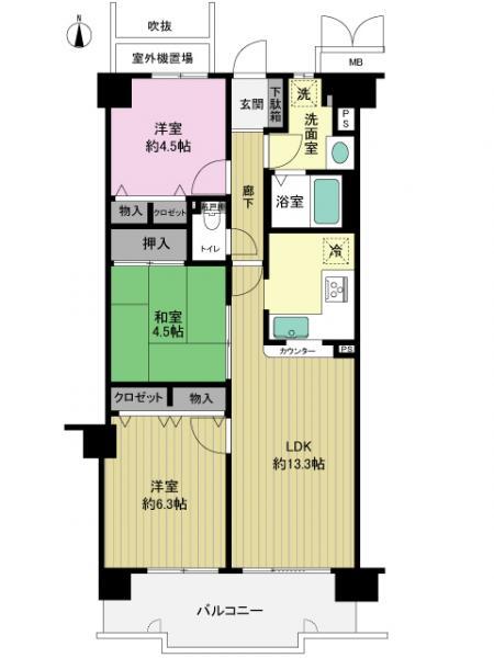 Floor plan. 3LDK, Price 15.3 million yen, Occupied area 63.12 sq m , Balcony area 9.48 sq m
