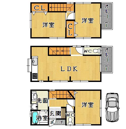 Floor plan. 23,300,000 yen, 3LDK, Land area 46.02 sq m , Building area 84.99 sq m