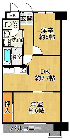Floor plan. 2DK, Price 12,980,000 yen, Occupied area 47.02 sq m , Balcony area 7.07 sq m