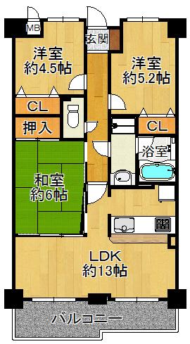 Floor plan. 3LDK, Price 18,800,000 yen, Occupied area 63.01 sq m