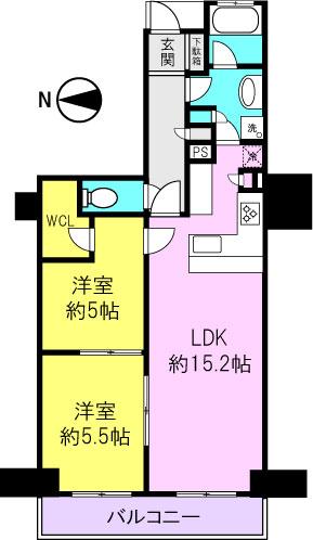 Floor plan. 2LDK, Price 22,300,000 yen, Occupied area 57.93 sq m , Balcony area 8.54 sq m