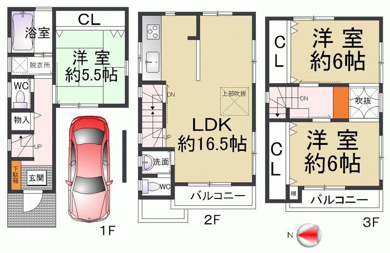 Floor plan. 29,800,000 yen, 3LDK, Land area 52.39 sq m , LDK there is a building area of ​​94.56 sq m atrium is an attractive