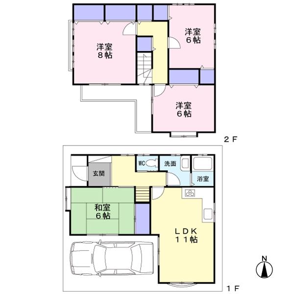 Floor plan. 26,800,000 yen, 4LDK, Land area 73.94 sq m , Building area 89.1 sq m southwest corner lot usually one vehicle can park
