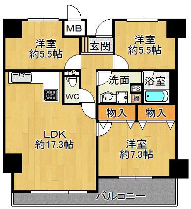 Floor plan. 3LDK, Price 24,800,000 yen, Occupied area 74.23 sq m , Balcony area 11.15 sq m