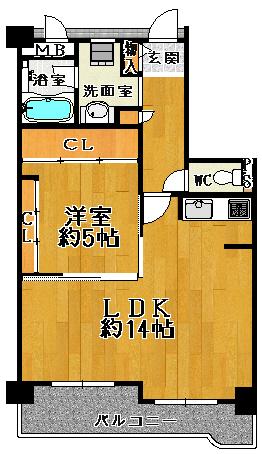 Floor plan. 1LDK, Price 11.4 million yen, Occupied area 49.14 sq m , Balcony area 9.04 sq m