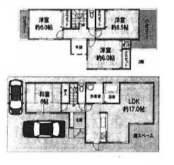 Floor plan. 24,800,000 yen, 4LDK, Land area 110.21 sq m , Building area 97.2 sq m land 23.3 square meters ・ Parking two Allowed ・ First floor garden ・ Second floor two-sided balcony ・ Parking two Allowed