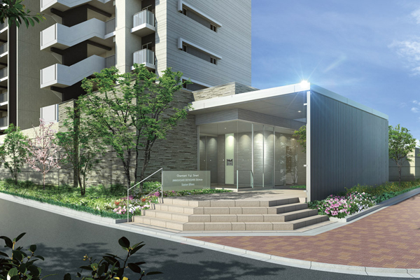 Buildings and facilities. To the entrance before the zelkova, Gently pick-up is approach. And expressive border tile, Space is composed of aluminum eaves and louvers sharp stand out is, Suitable for urban apartment, Sophisticated and modern beauty has is impressive (Entrance approach Rendering)
