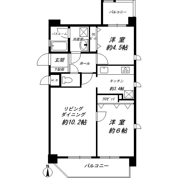 Floor plan. 2LDK, Price 12.8 million yen, Footprint 53.4 sq m , Balcony area 10.02 sq m