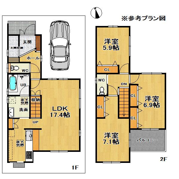 Compartment view + building plan example. Building plan example, Land price 19,850,000 yen, Land area 89.37 sq m , Building price 13,650,000 yen, Building area 89.37 sq m