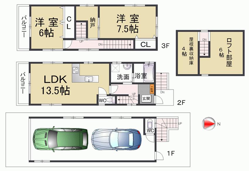 Floor plan. 17.8 million yen, 2LDK + S (storeroom), Land area 49.76 sq m , Building area 109.2 sq m parking is two can park with a shutter. Try as compared to renting a shutter with a garage in the neighborhood.