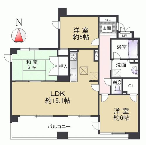 Floor plan. 3LDK, Price 26.5 million yen, Occupied area 71.83 sq m , Balcony area 14.23 sq m south-facing bright rooms