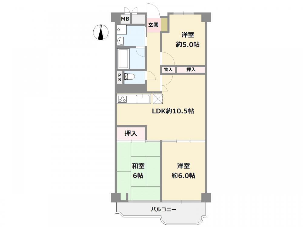 Floor plan. 3LDK, Price 14.8 million yen, Occupied area 57.66 sq m , Balcony area 7.64 sq m