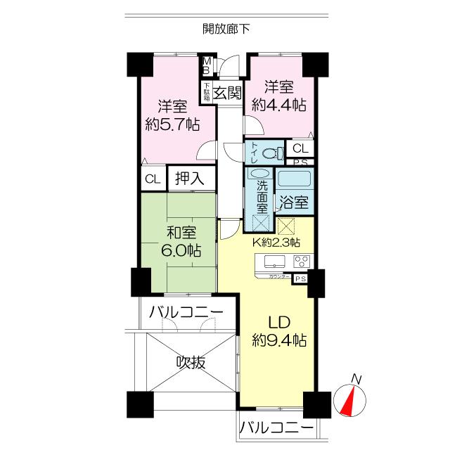 Floor plan. 3LDK, Price 22,800,000 yen, Occupied area 60.59 sq m , Balcony area 7.49 sq m