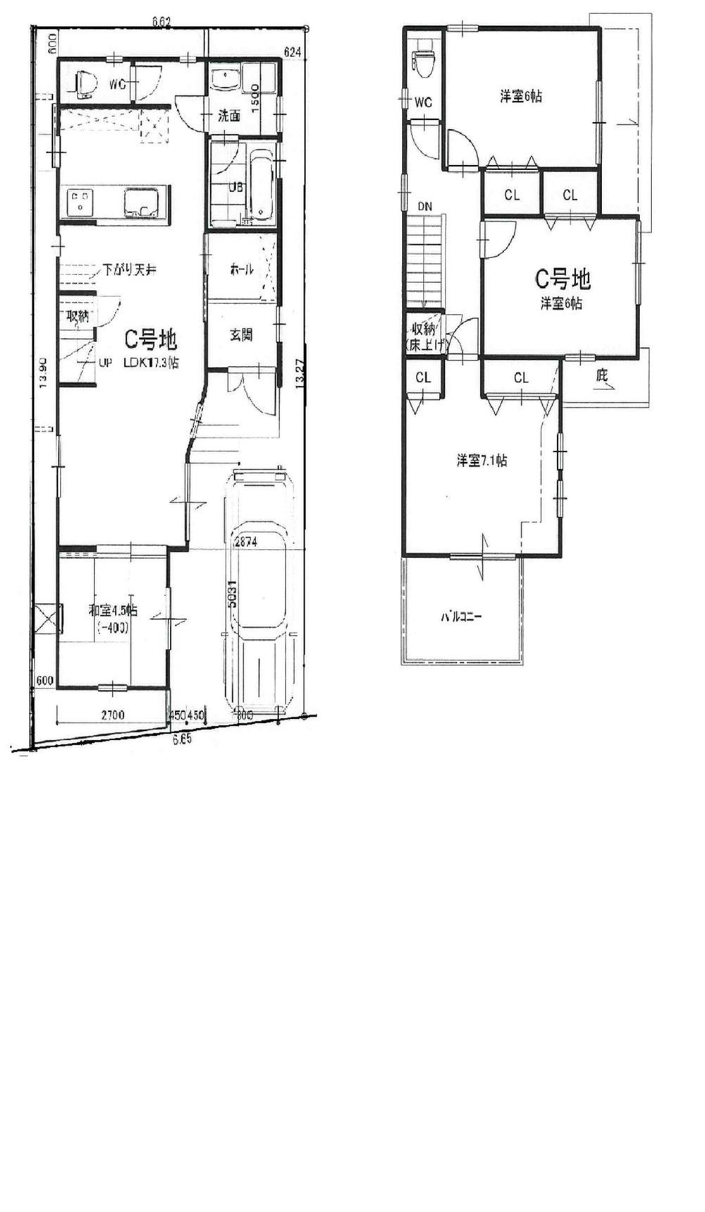 Building plan example (floor plan). Building plan example (C No. land) 4LDK, Land price 21,575,000 yen, Land area 90.03 sq m , Building price 15,225,000 yen, Building area 95.45 sq m