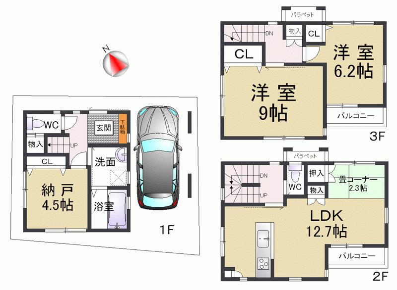 Floor plan. 26,800,000 yen, 2LDK + 2S (storeroom), Land area 53.63 sq m , Was a newly built single-family in a convenient location for commuting to school and building area 98.58 sq m JR Inadera Station 5-minute walk