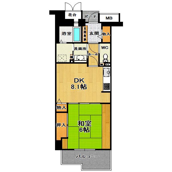 Floor plan. 1LDK, Price 14.8 million yen, Occupied area 43.66 sq m , Balcony area 11.05 sq m south-facing sunny
