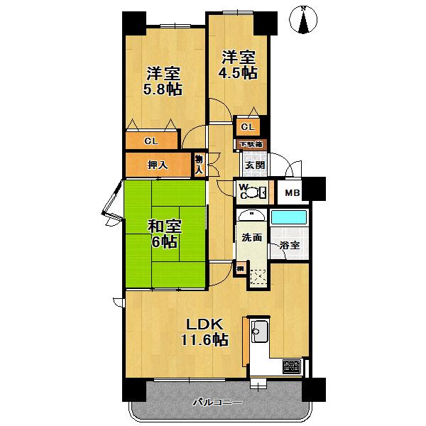 Floor plan. 3LDK, Price 28.8 million yen, Occupied area 63.26 sq m , Bright room where sun enters from the balcony area 8.94 sq m south balcony