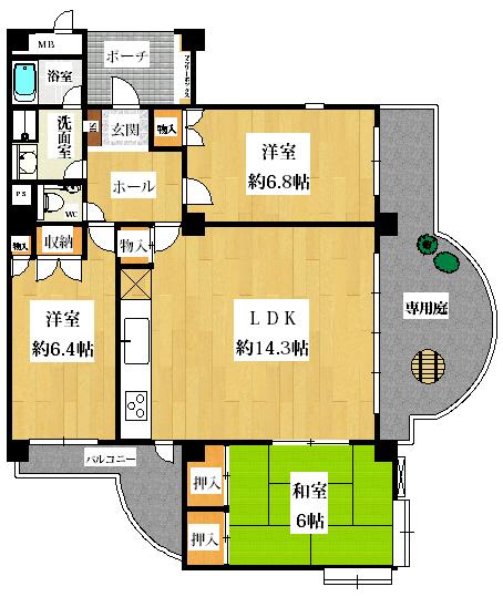 Floor plan. 3LDK, Price 11 million yen, Occupied area 75.45 sq m , Balcony area 17.48 sq m   ■ ventilation ・ Daylighting good ■ With a private porch ■
