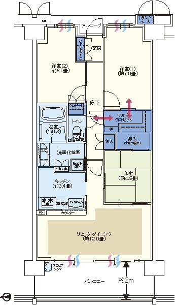  ■ C2 type ・ 3LDK price / 25,632,000 yen (re-registration dwelling unit) footprint / 75.44 sq m (trunk room including area 0.45 sq m) balcony area / 12.40 sq m alcove area / 2.87 sq m