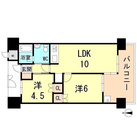 Floor plan. 2LDK, Price 9.9 million yen, Occupied area 43.42 sq m , Balcony area 11.61 sq m