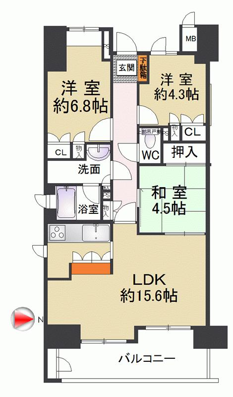Floor plan. 3LDK, Price 21,800,000 yen, Occupied area 70.78 sq m , On the balcony area 9.34 sq m 8 floor, Bright room