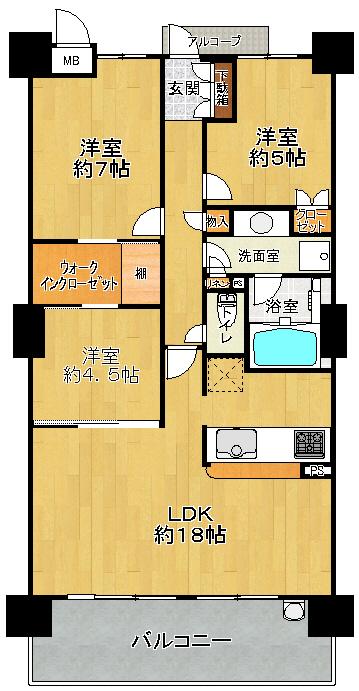 Floor plan. 3LDK, Price 33,300,000 yen, Occupied area 75.63 sq m , Balcony area 11.7 sq m