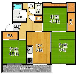 Floor plan. 3DK, Price 4.5 million yen, Occupied area 47.58 sq m , Balcony area 6.36 sq m