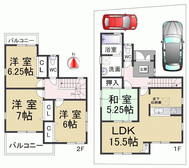 Floor plan. 26,800,000 yen, 4LDK, Land area 105.9 sq m , Two building area 95.57 sq m car parking possible south-facing balcony