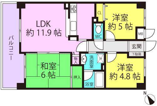 Floor plan. 3LDK, Price 12.8 million yen, Footprint 60.3 sq m , Balcony area 10.26 sq m