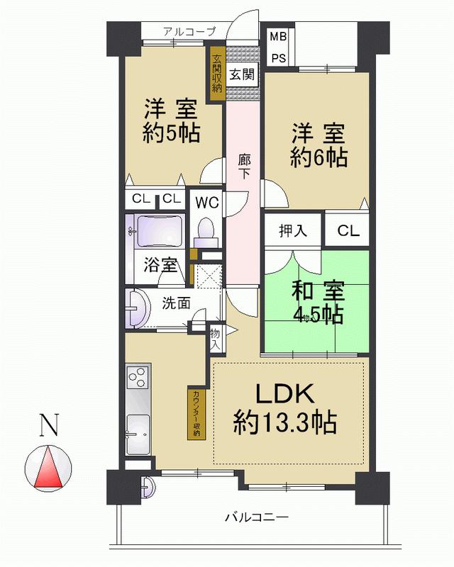Floor plan. 3LDK, Price 21,800,000 yen, Occupied area 65.08 sq m , Built shallow balcony area 10.58 sq m built six years, It is 3LDK of affordable