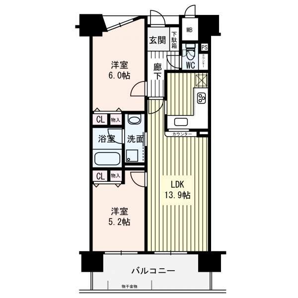 Floor plan. 2LDK, Price 14.9 million yen, Occupied area 54.51 sq m , Balcony area 9.72 sq m