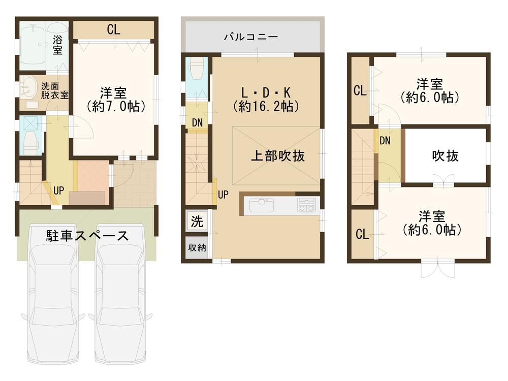 Floor plan. 24,800,000 yen, 3LDK, Land area 71.01 sq m , Building area 94.88 sq m car park two OK! South-facing balcony! Bright light from the atrium!