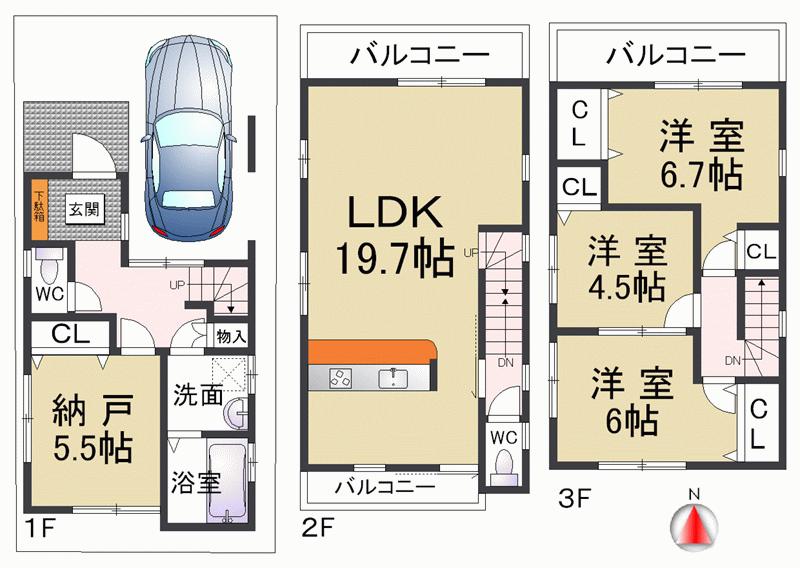 Floor plan. 26,800,000 yen, 3LDK + S (storeroom), Land area 68.11 sq m , Building area 109.88 sq m LDK is also about 19.7 Pledge, There is a service balcony I'm very relaxed kitchen south, Handy to the temporary placement of garbage. 