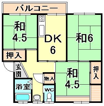 Floor plan. 3DK, Price 6.8 million yen, Occupied area 47.58 sq m , Balcony area 6.36 sq m